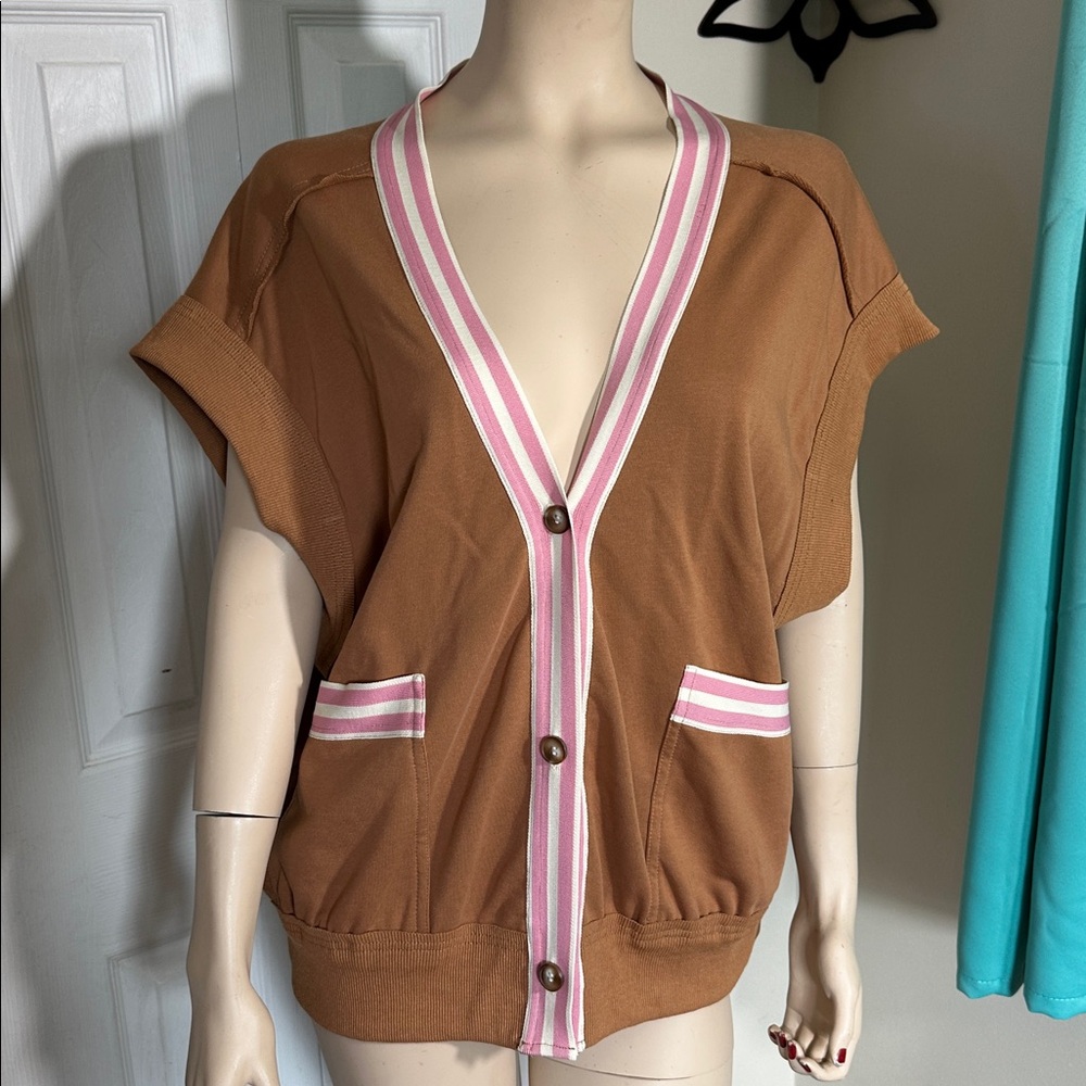 Millibon Brown Cardigan with Pink Stripes